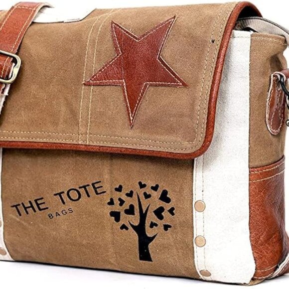 Canvas Leather Messenger Bag Women Men Crossbody Satchel 11" Travel Use - Picture 1 of 10